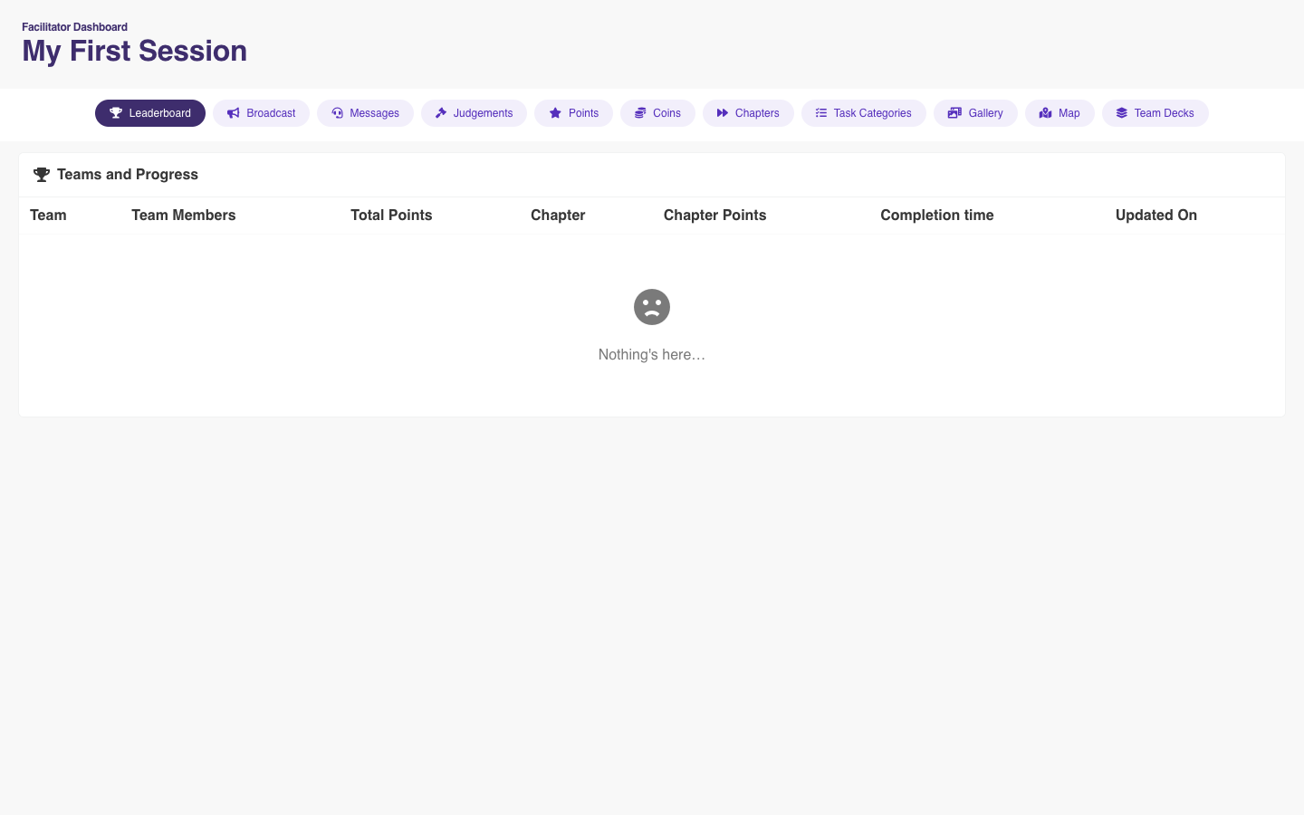 Facilitator dashboard for My First Session, open on Leaderboard, with Broadcast, Judgements, Map, and Team Decks