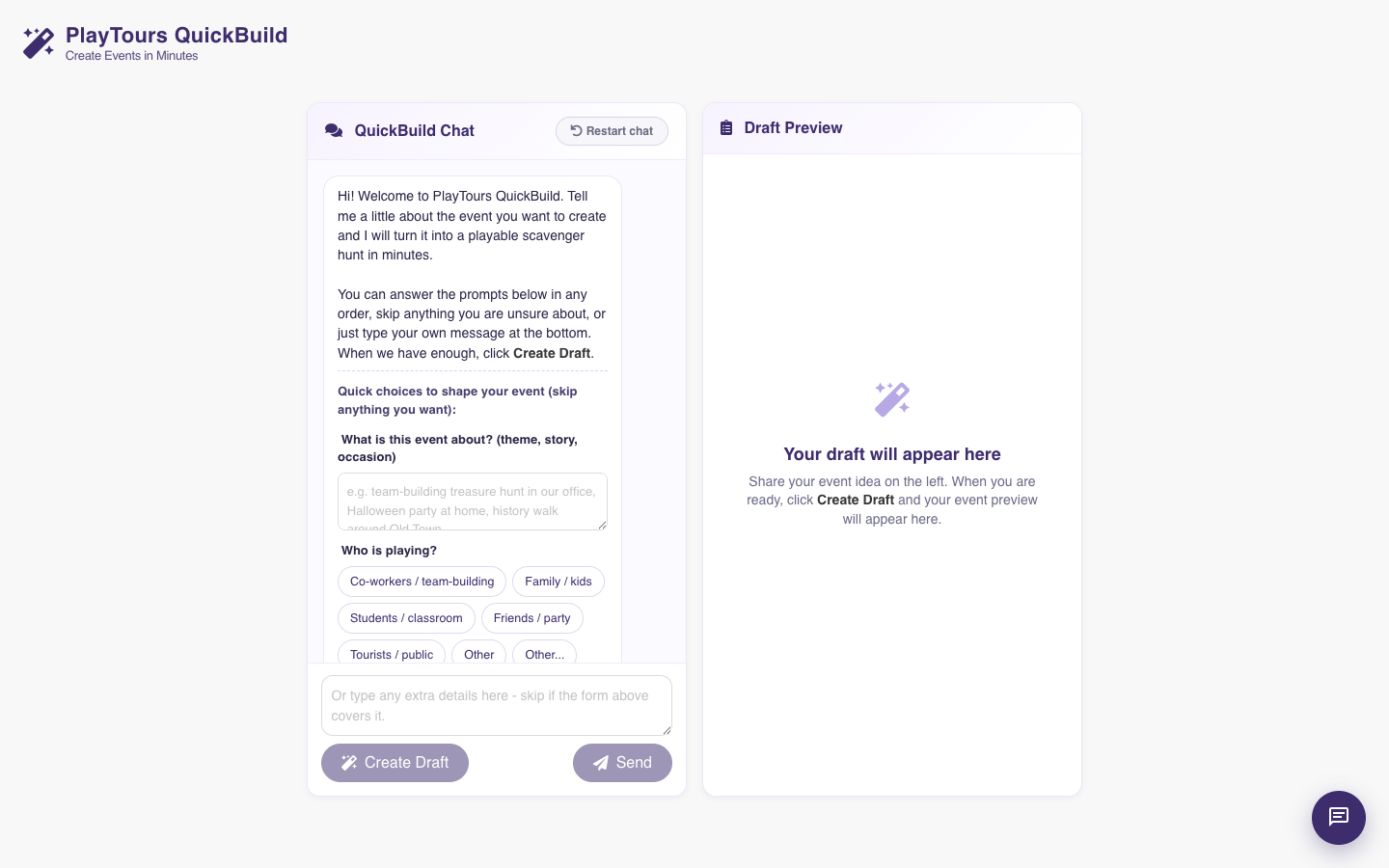 PlayTours QuickBuild chat, with Create Draft and a blank draft preview