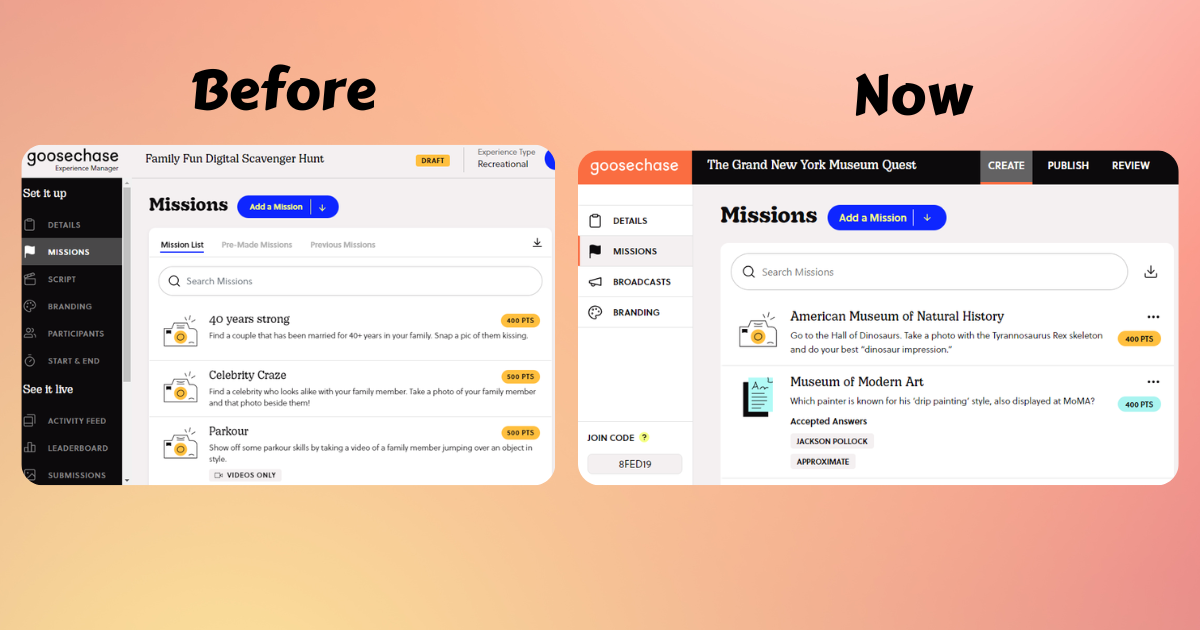 Goosechase UI before and after