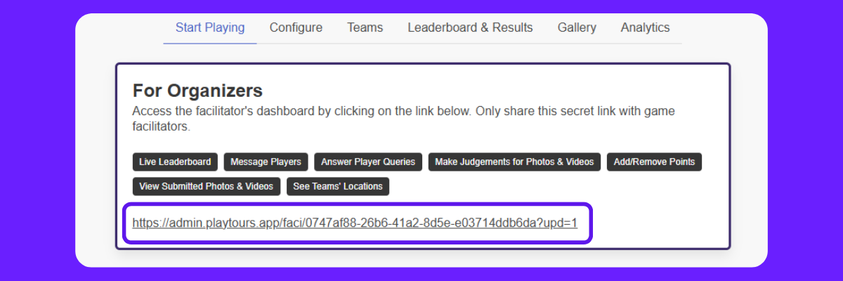 The Dashboard of PlayTours Scavenger Hunt App For Organizers