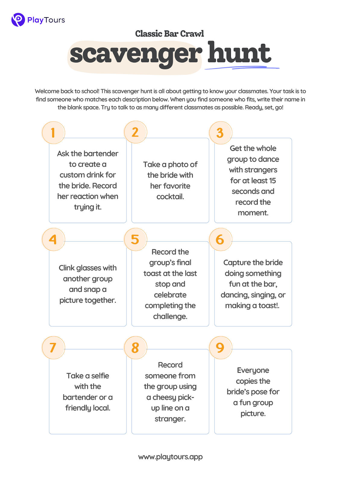 Printable bachelorette scavenger hunt checklist template