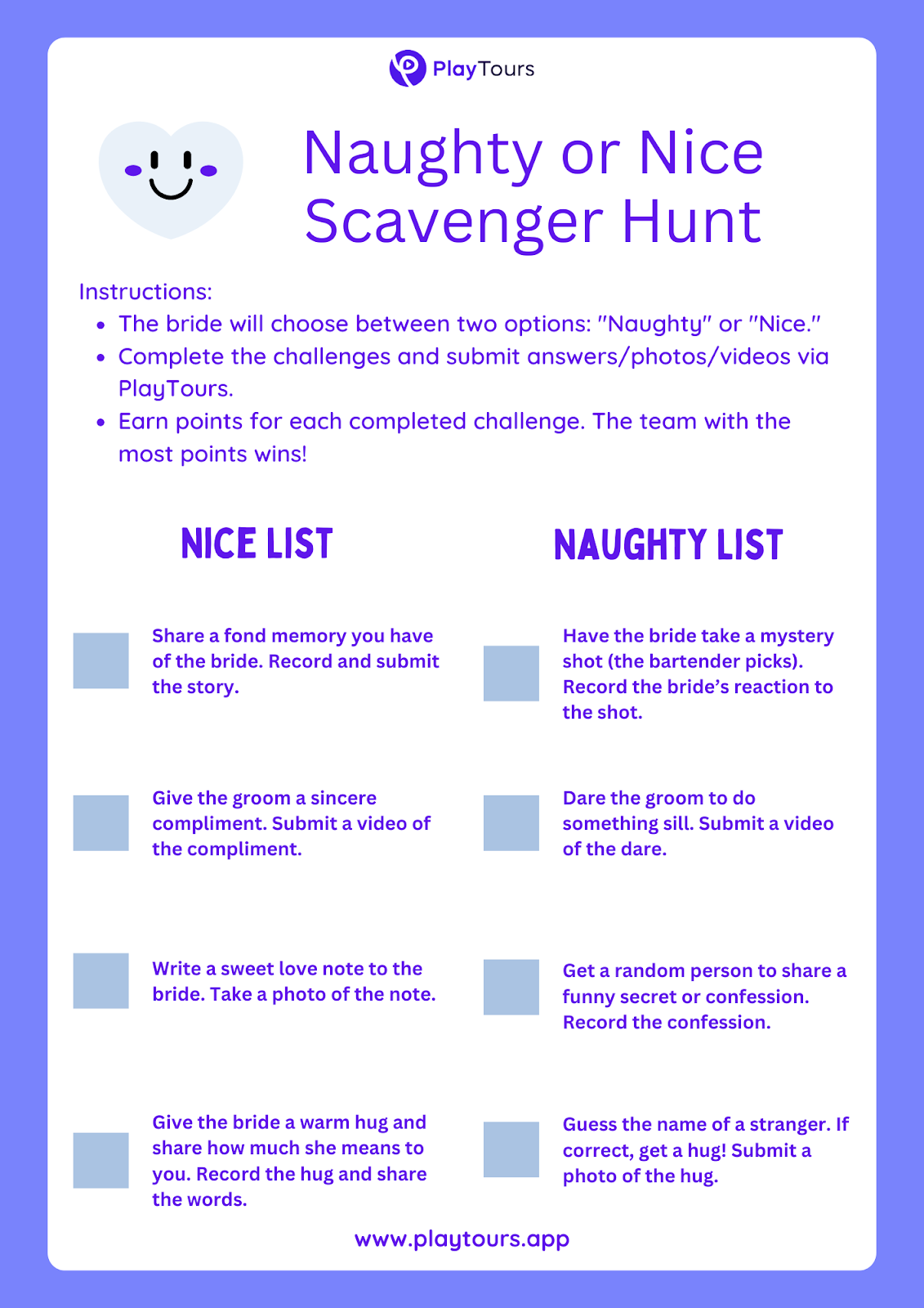 Printable bachelorette scavenger hunt checklist template