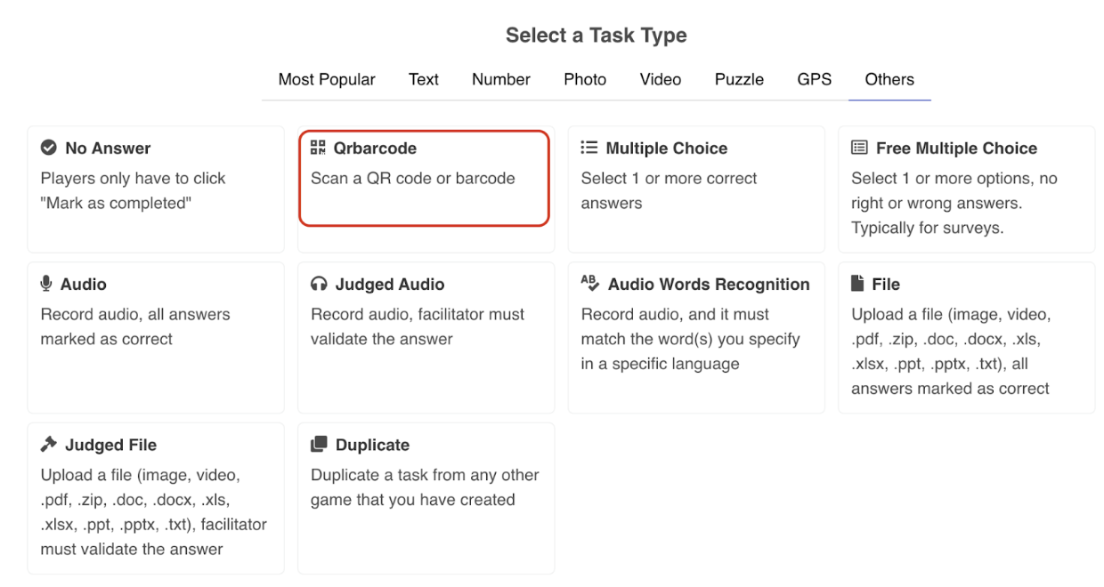 QR code task type feature