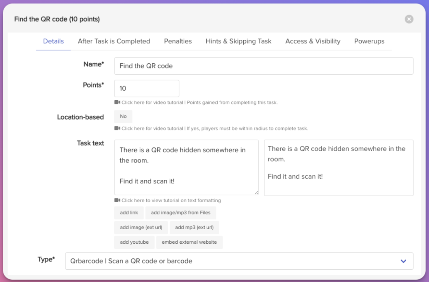 how to set up QR code task