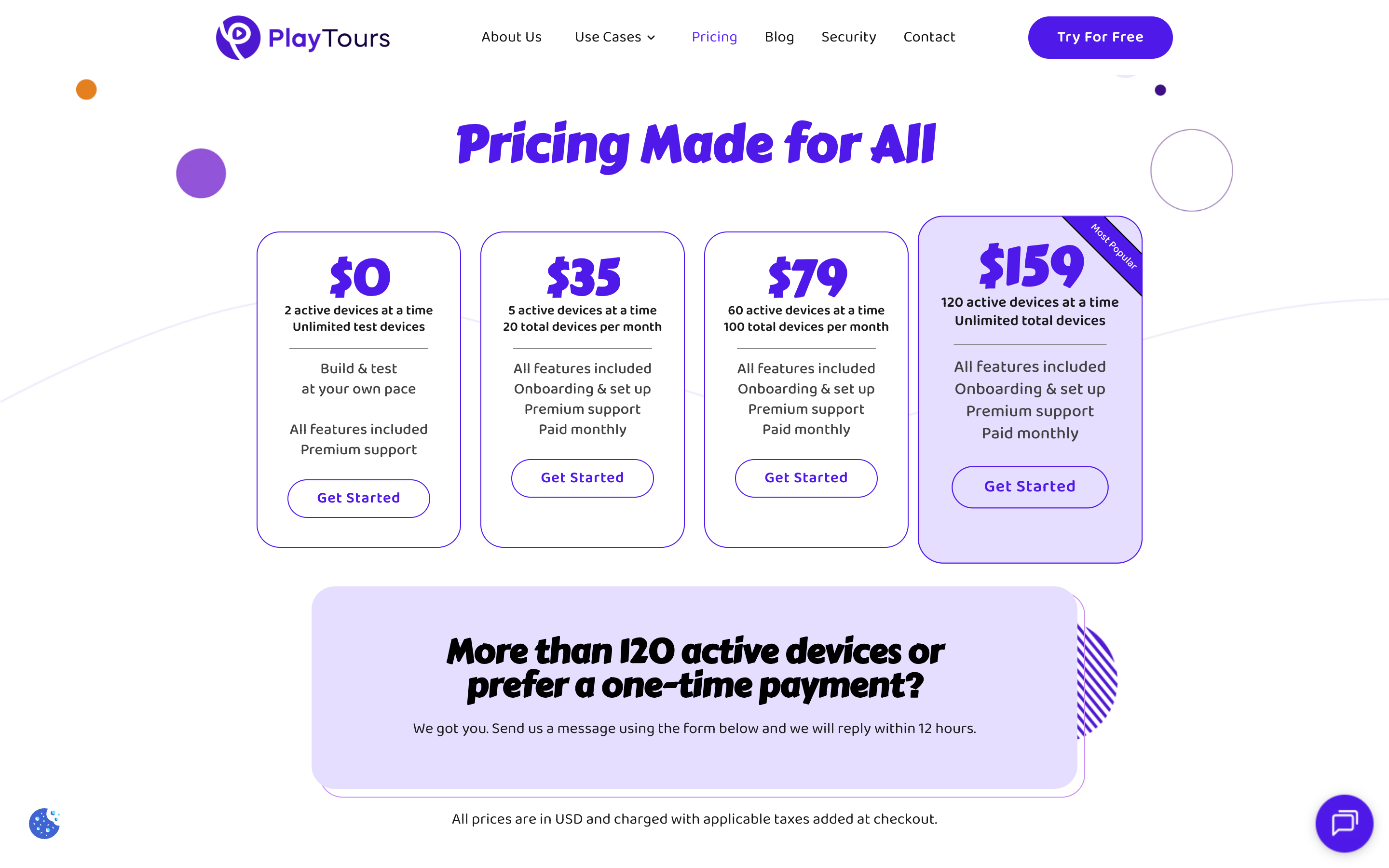 PlayTours pricing page showing free tier for small teams