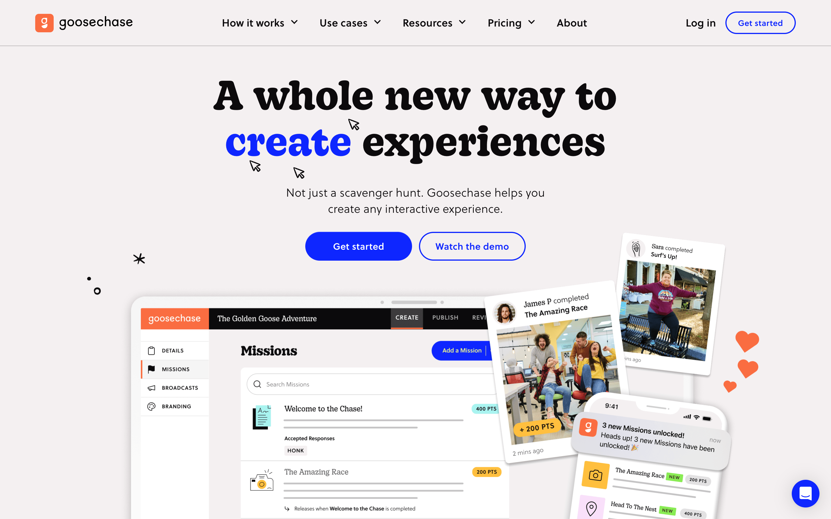 Goosechase landing page showing interactive experience platform