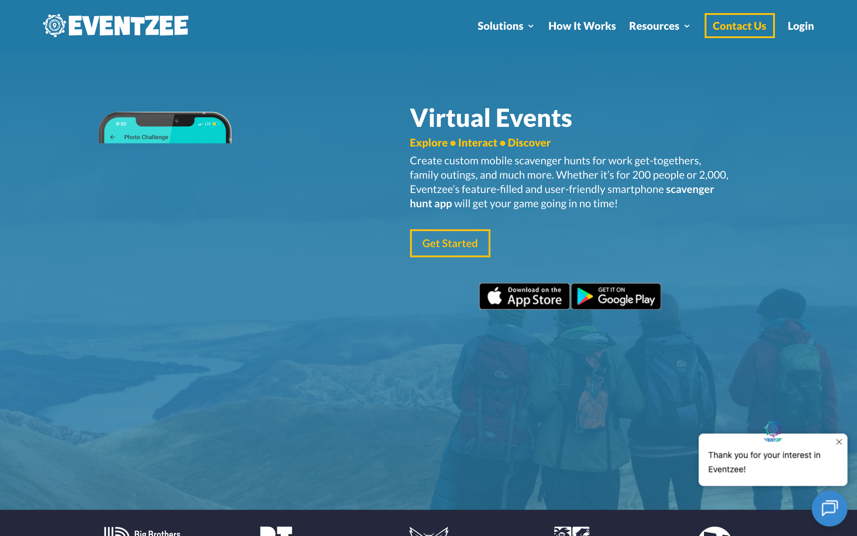 Eventzee landing page showing customizable scavenger hunt app