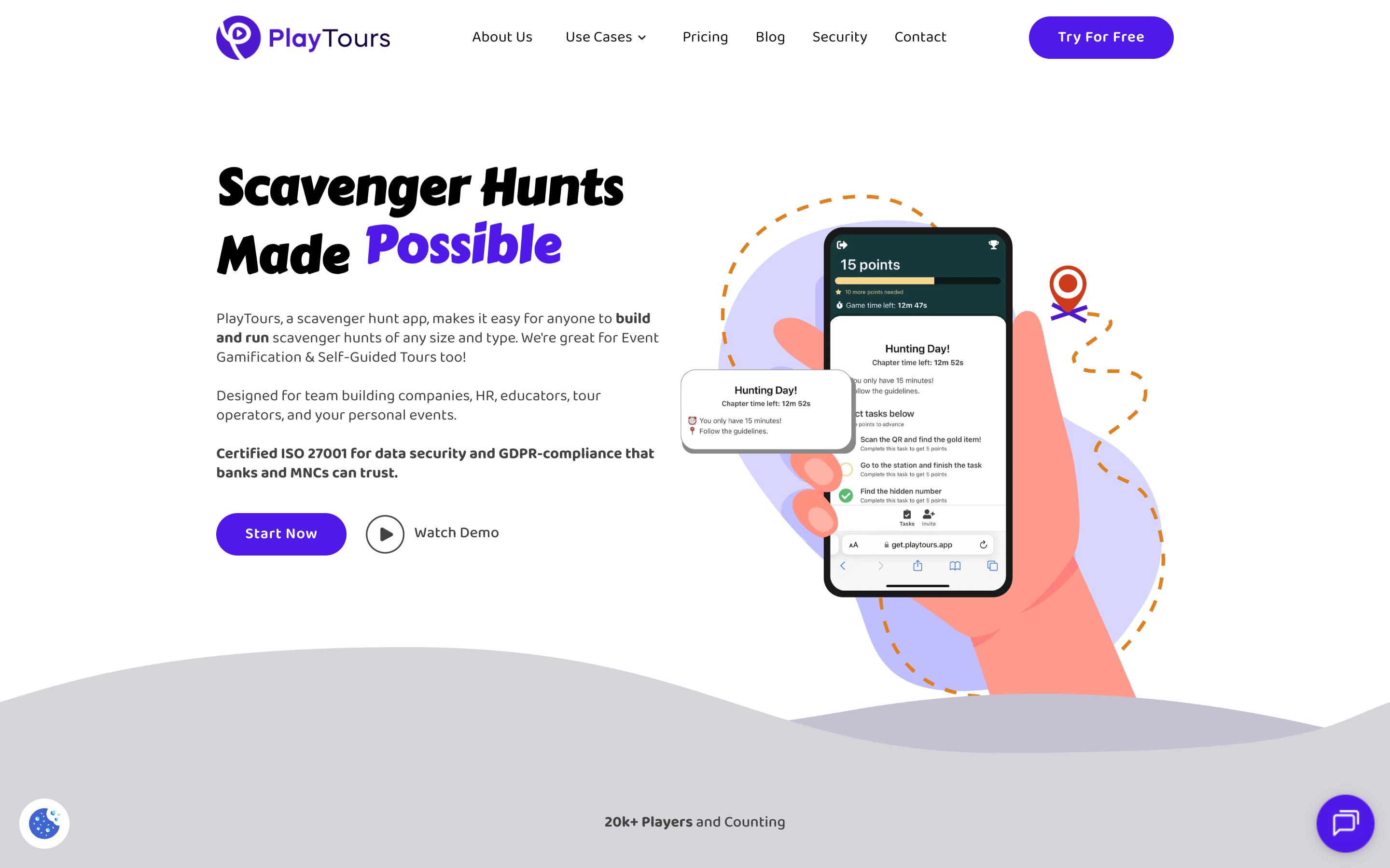PlayTours homepage showing browser-based self-guided tour platform - no app download needed