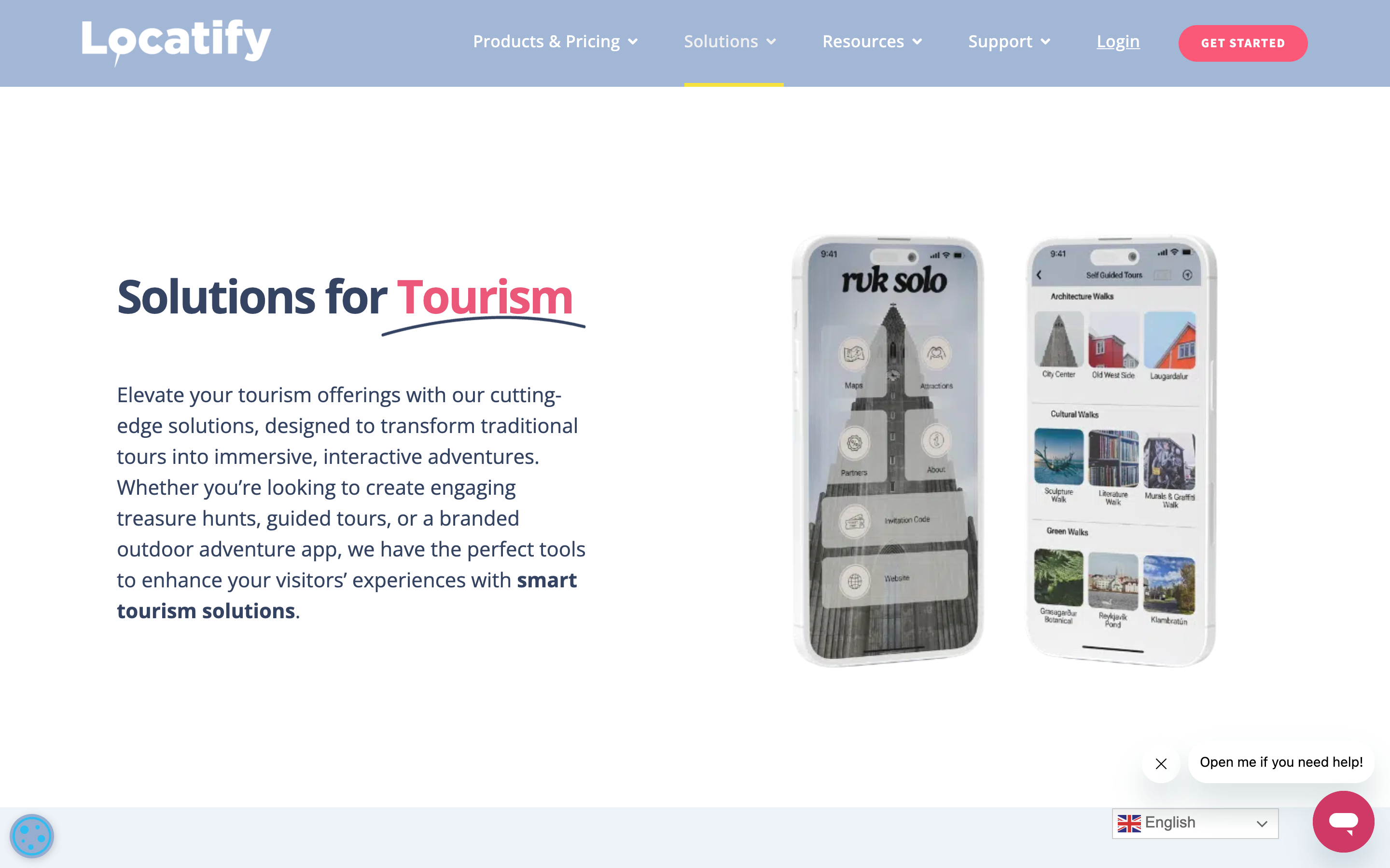 Locatify tourism solutions page showing offline and GPS capabilities for self-guided tours