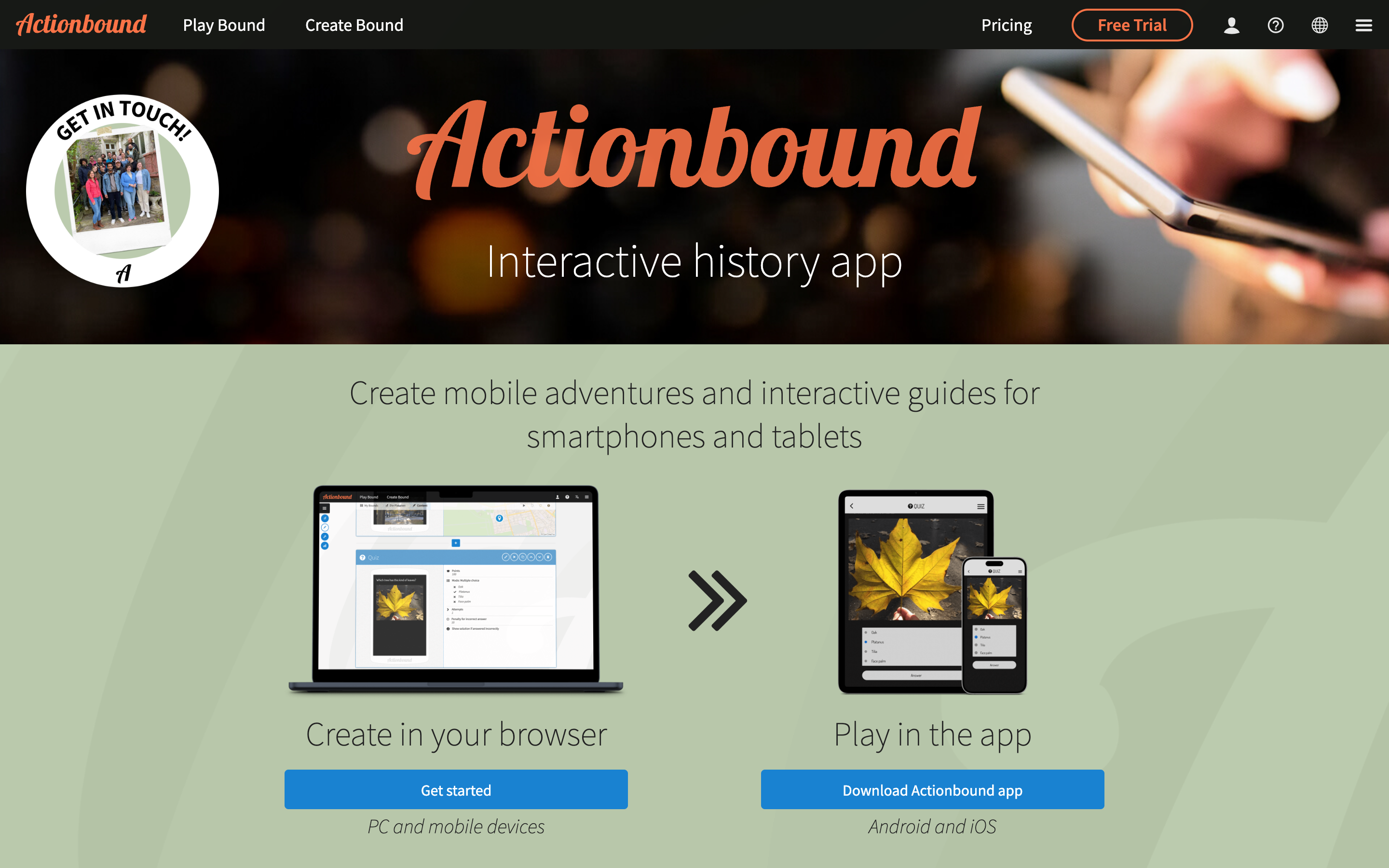 Actionbound homepage showing Bound Creator interface for managing multiple tours