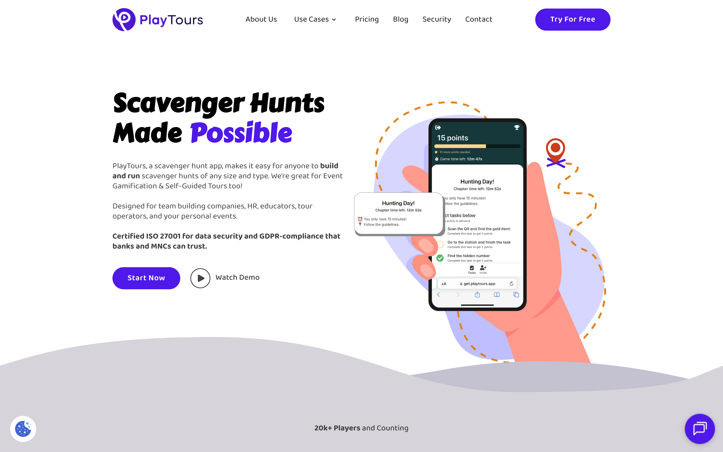 Screenshot of PlayTours homepage showing browser-based scavenger hunt access