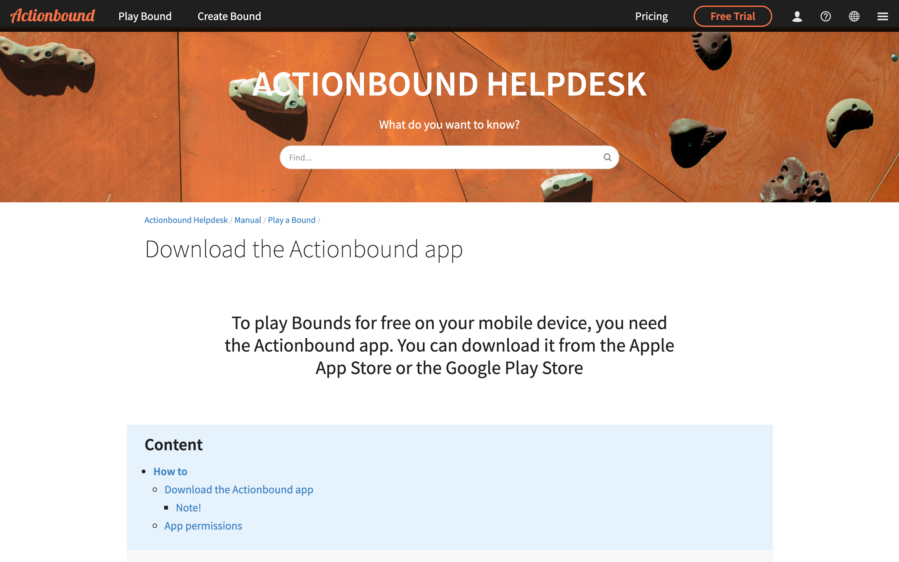 Screenshot of Actionbound help page showing app download instructions for iOS and Android