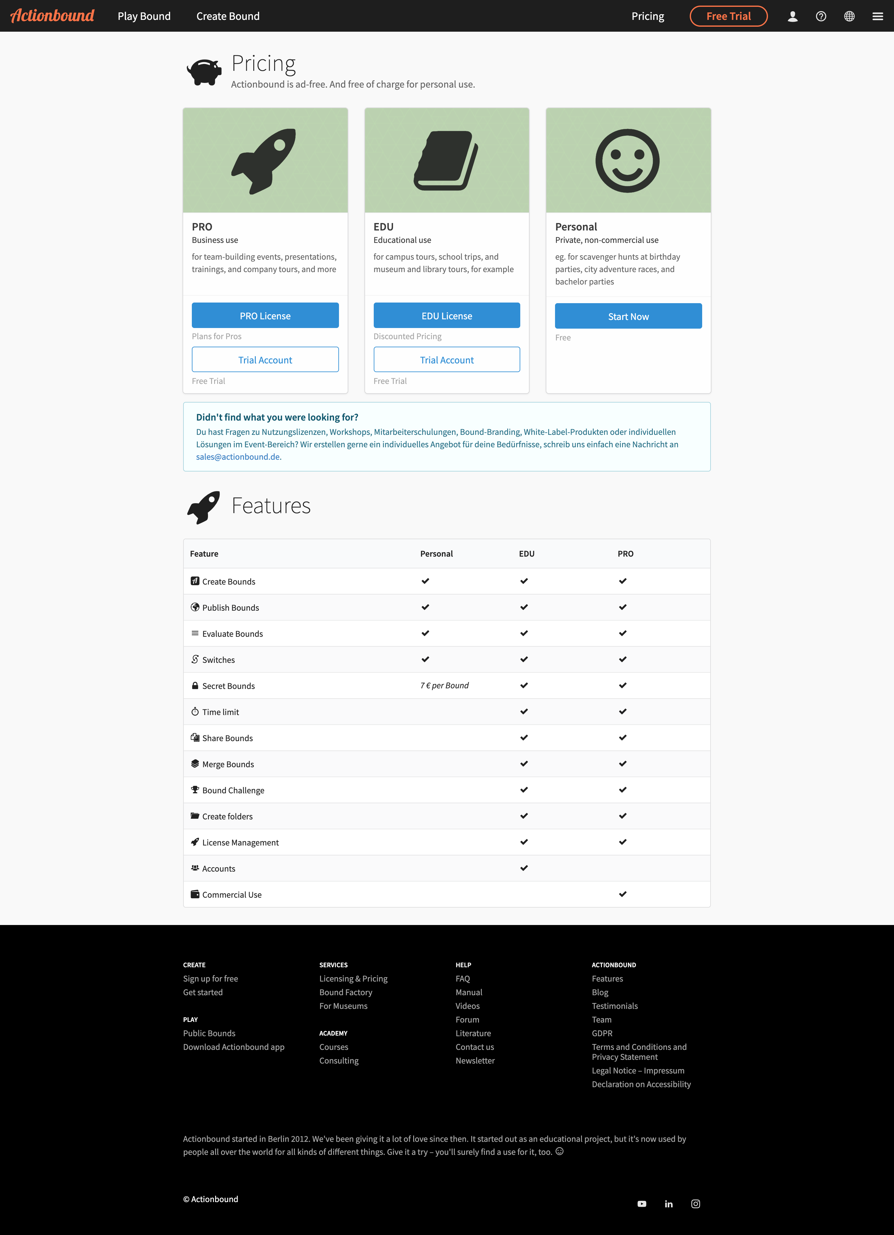 Actionbound pricing page showing bound-based licensing