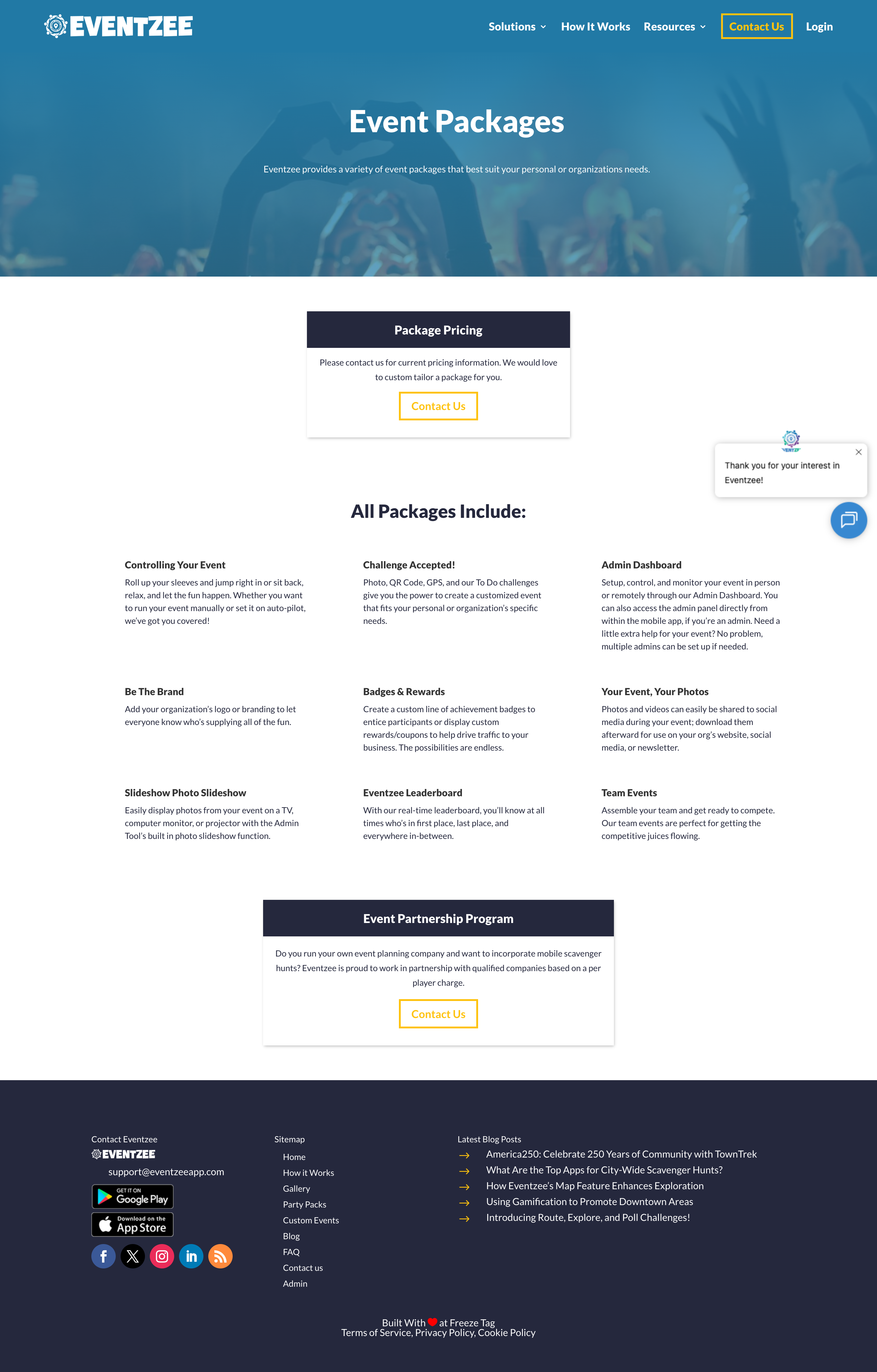 Eventzee pricing page showing contact-sales model