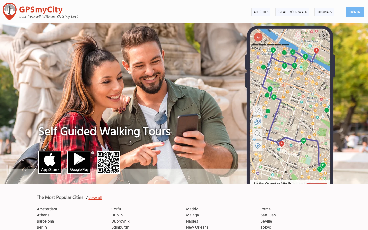 GPSmyCity self-guided walking tours platform landing page