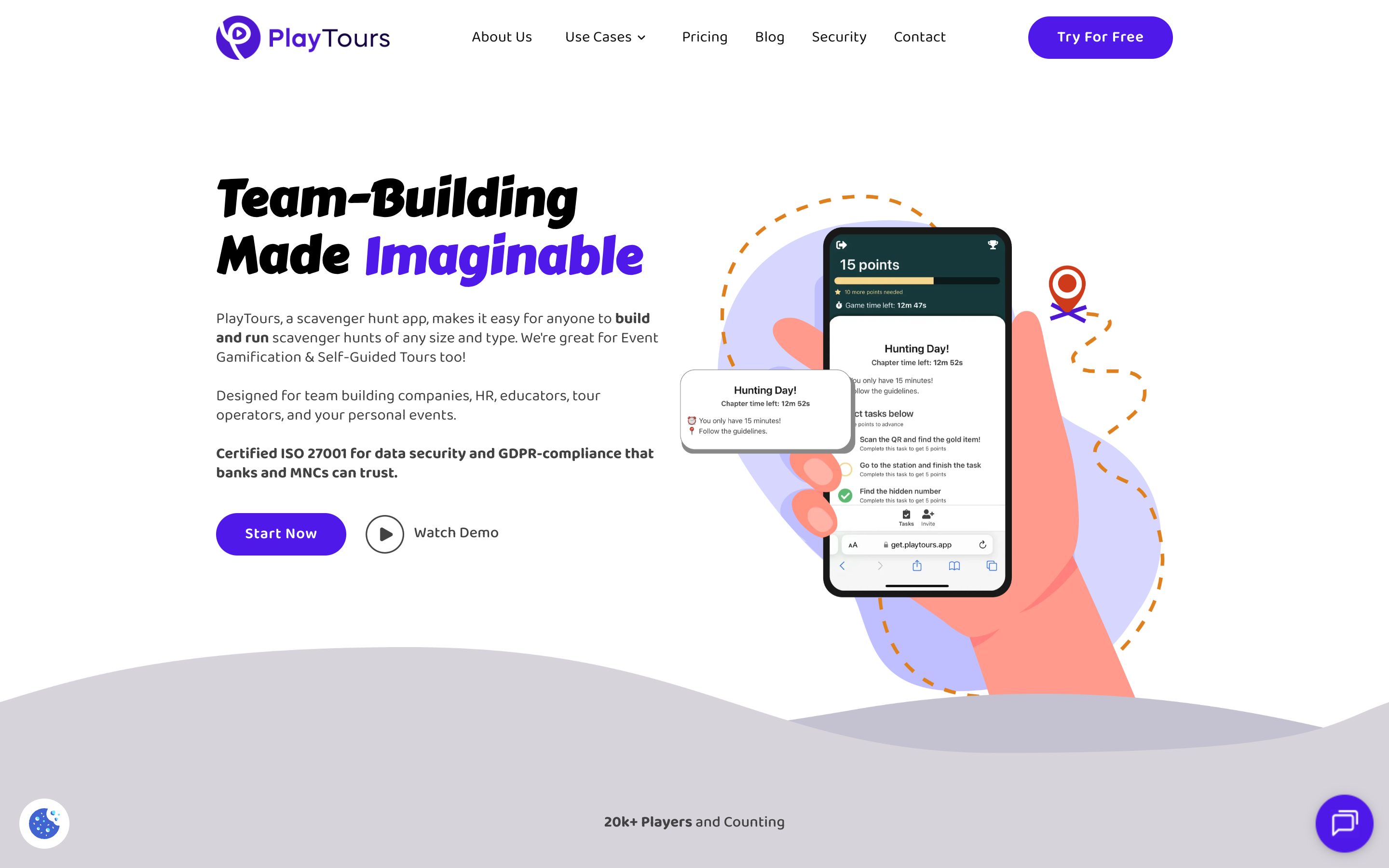 PlayTours homepage showing task type examples: GPS, photo, multiple-choice, text