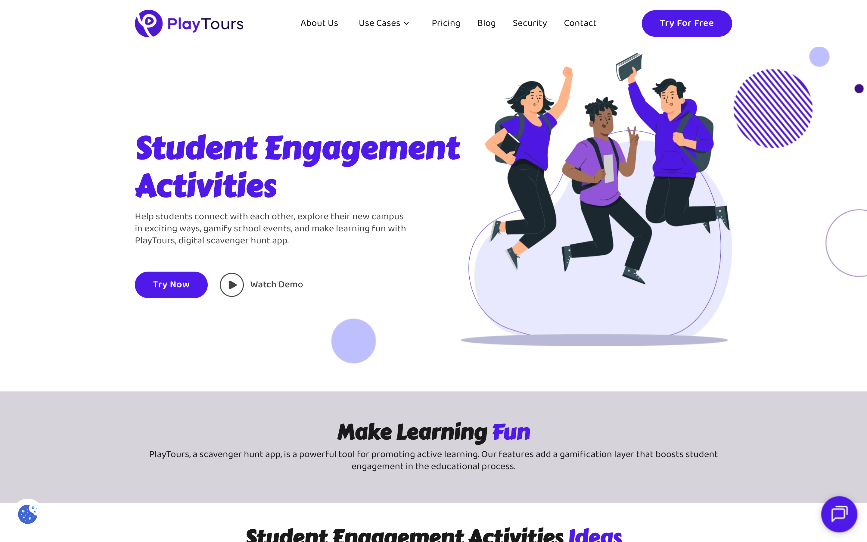 PlayTours student engagement page showing task type examples