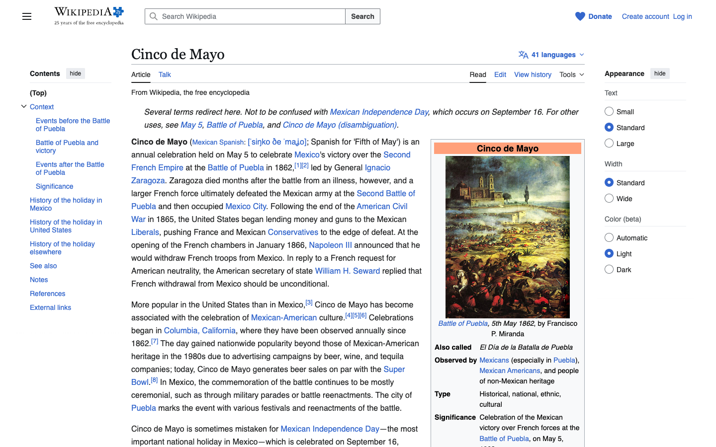 Wikipedia article on Cinco de Mayo, showing the Battle of Puebla historical context