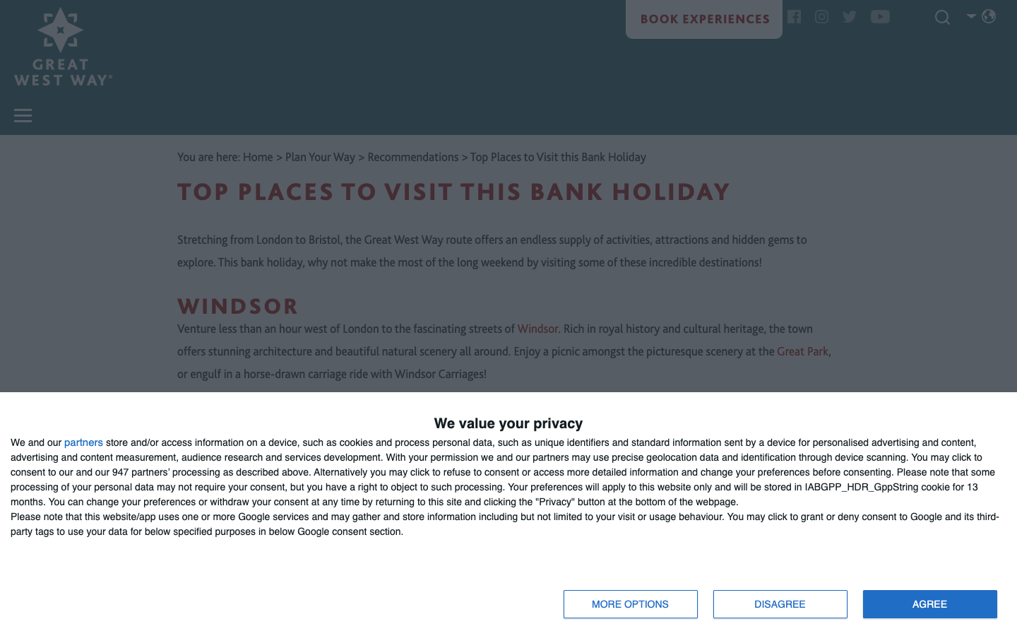 Great West Way bank holiday recommendations page
