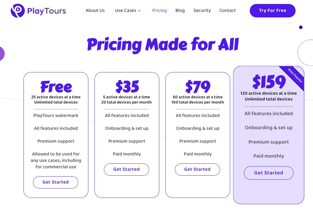 PlayTours pricing page showing Free, $35, $79, and $159 tiers