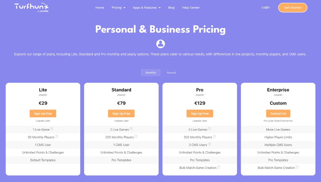 Turfhunt pricing page showing Lite, Standard, Pro, and Enterprise monthly tiers