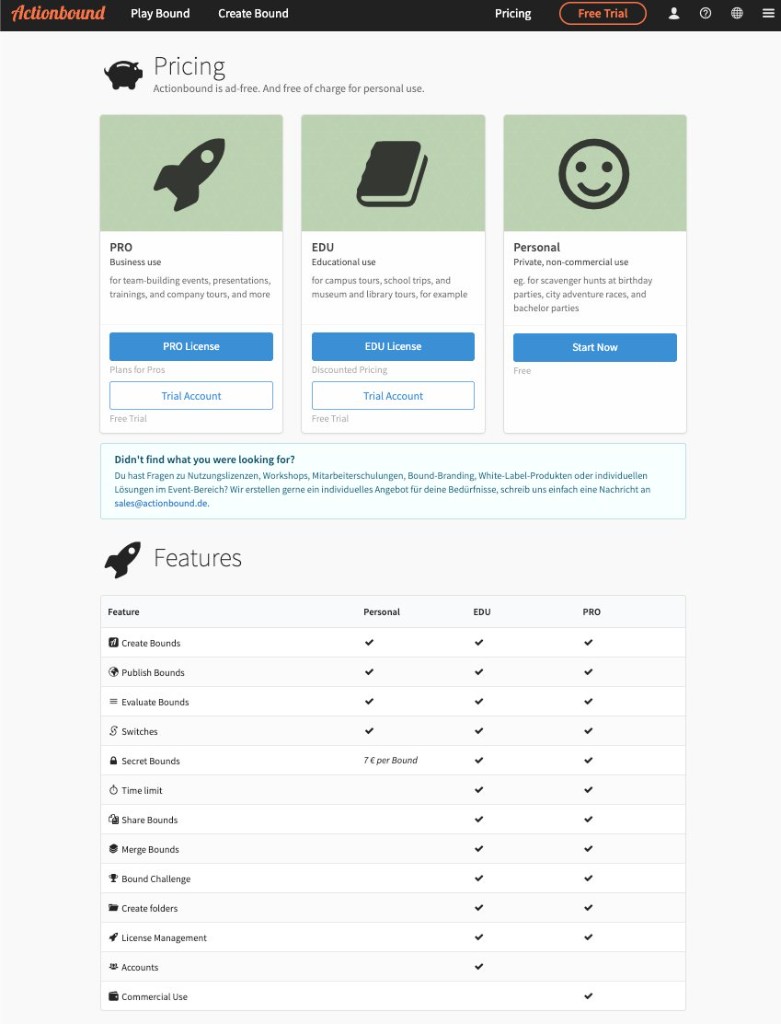 Actionbound pricing page showing PRO, EDU, and Personal tiers with feature comparison table