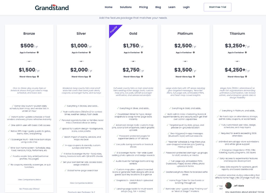 Grandstand pricing page showing Bronze, Silver, Gold, Platinum, and Titanium tiers starting at $500 per year