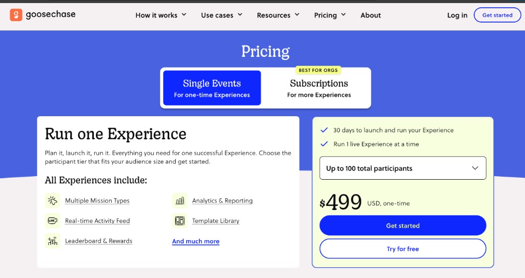 Goosechase single event pricing showing $499 USD one time for up to 100 participants
