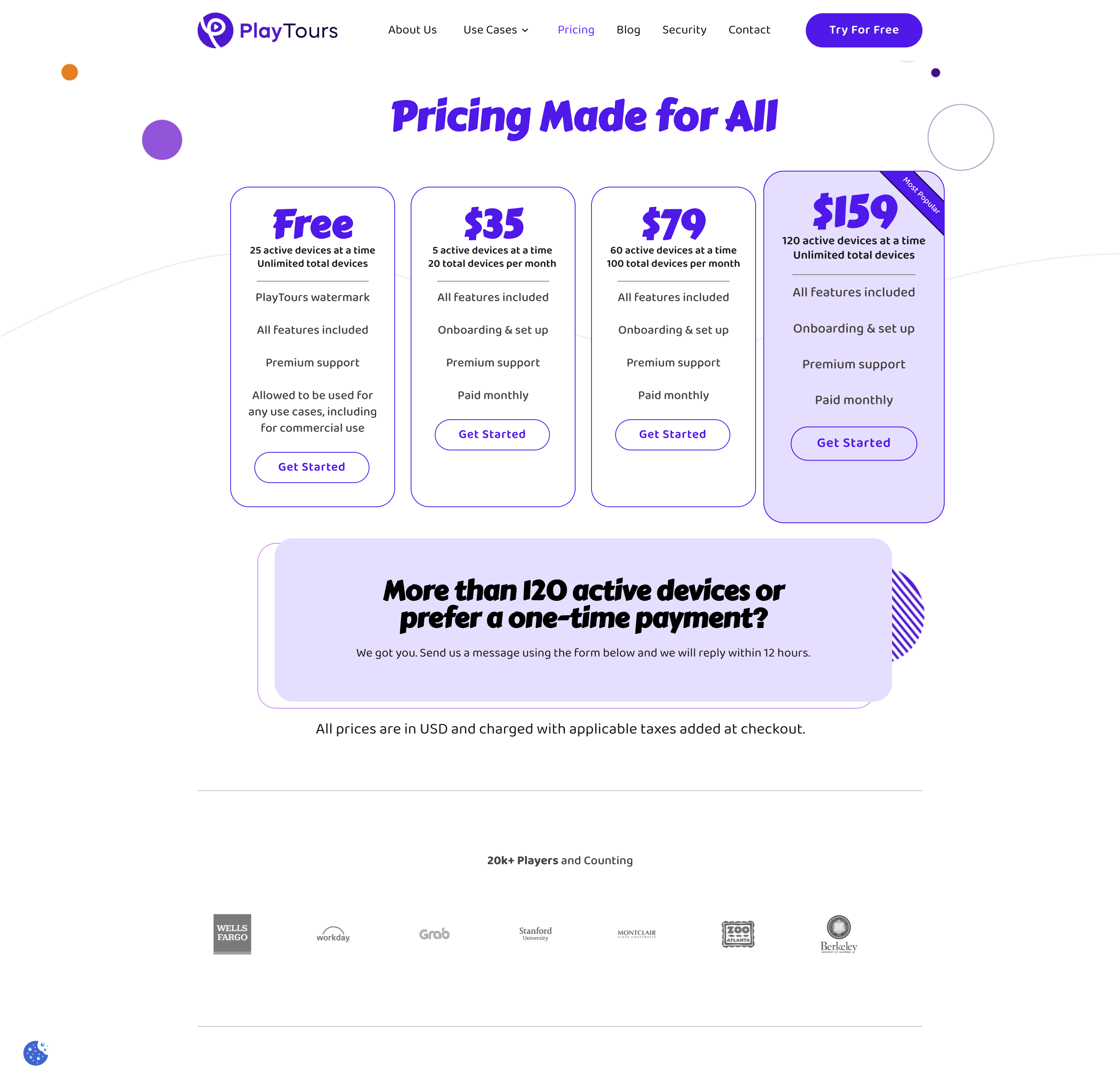 PlayTours pricing showing a free plan with 25 active devices and flat paid tiers at $35 and $79 per month