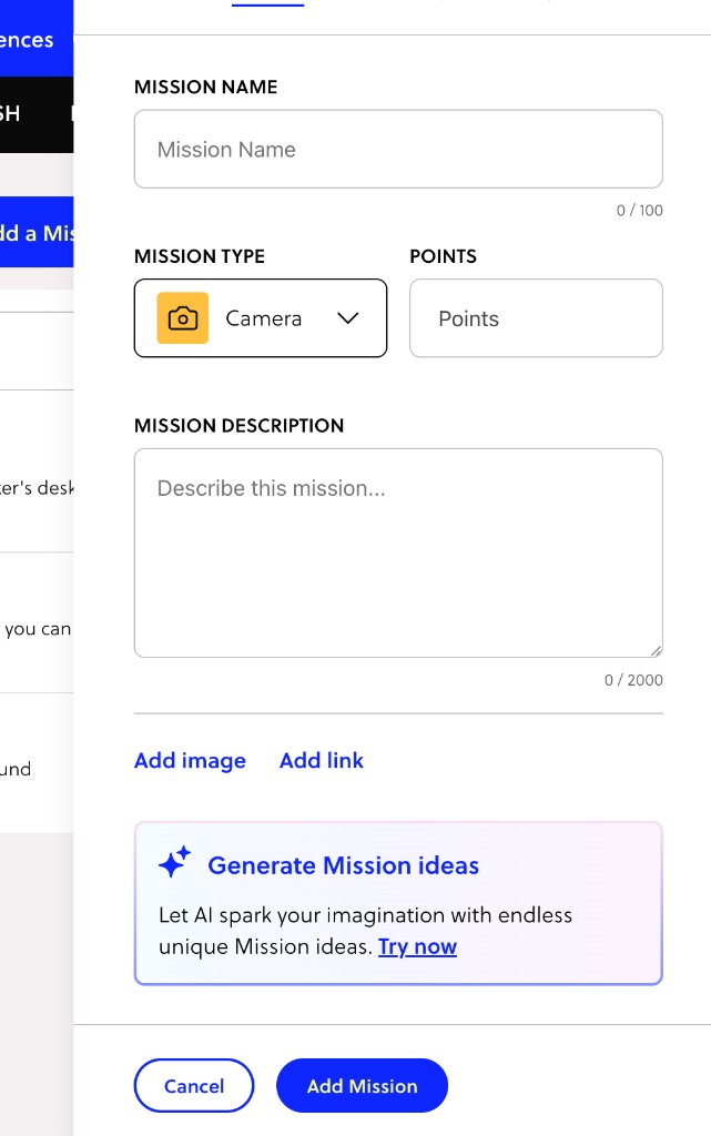 GooseChase Add a Mission form with Generate Mission ideas AI prompt at the bottom