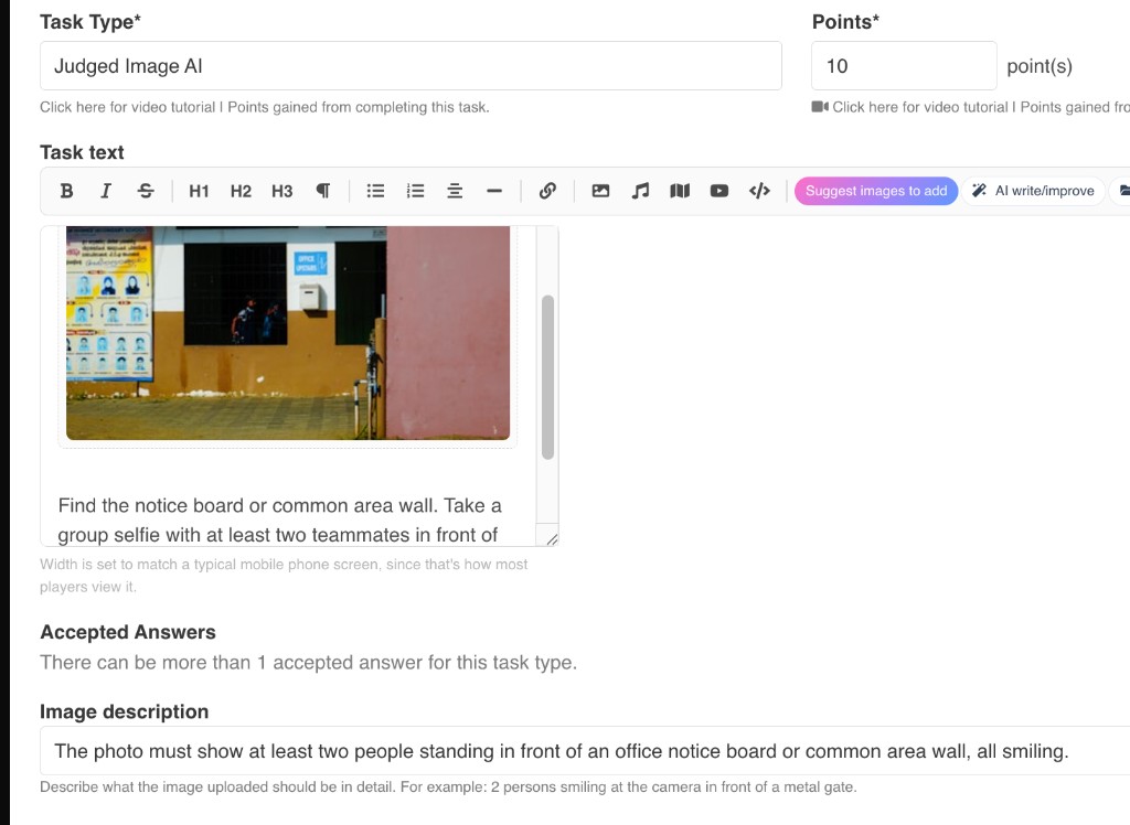 PlayTours Judged Image AI task configuration with an image description prompt for automatic photo judging