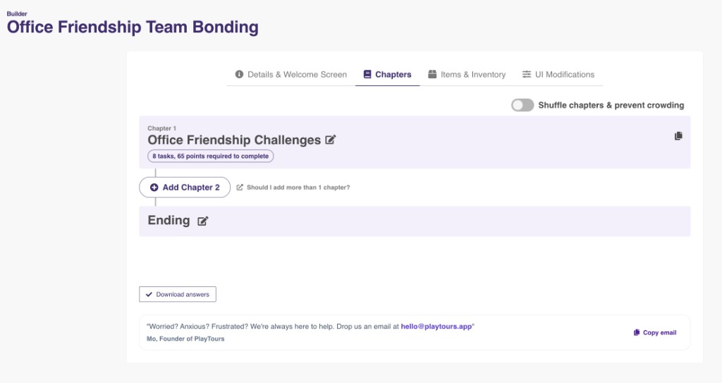 PlayTours Builder Chapters view for Office Friendship Team Bonding with 8 tasks and 65 points