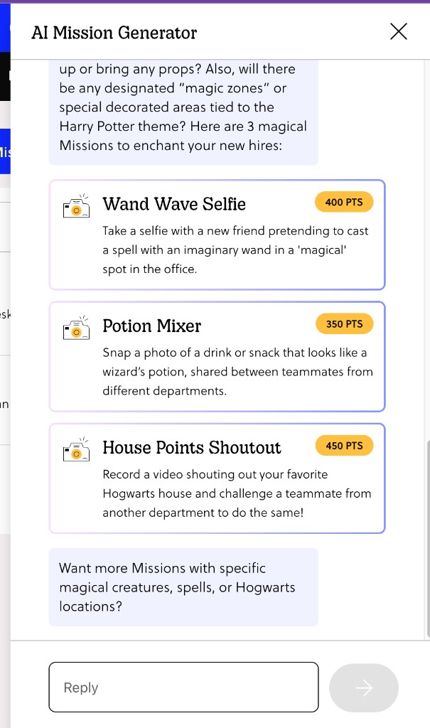 GooseChase AI Mission Generator suggesting Harry Potter themed missions like Wand Wave Selfie and House Points Shoutout