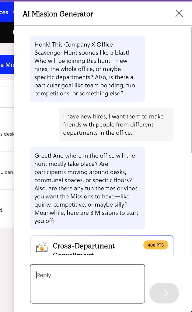 GooseChase AI Mission Generator conversational chat asking about participants and goals
