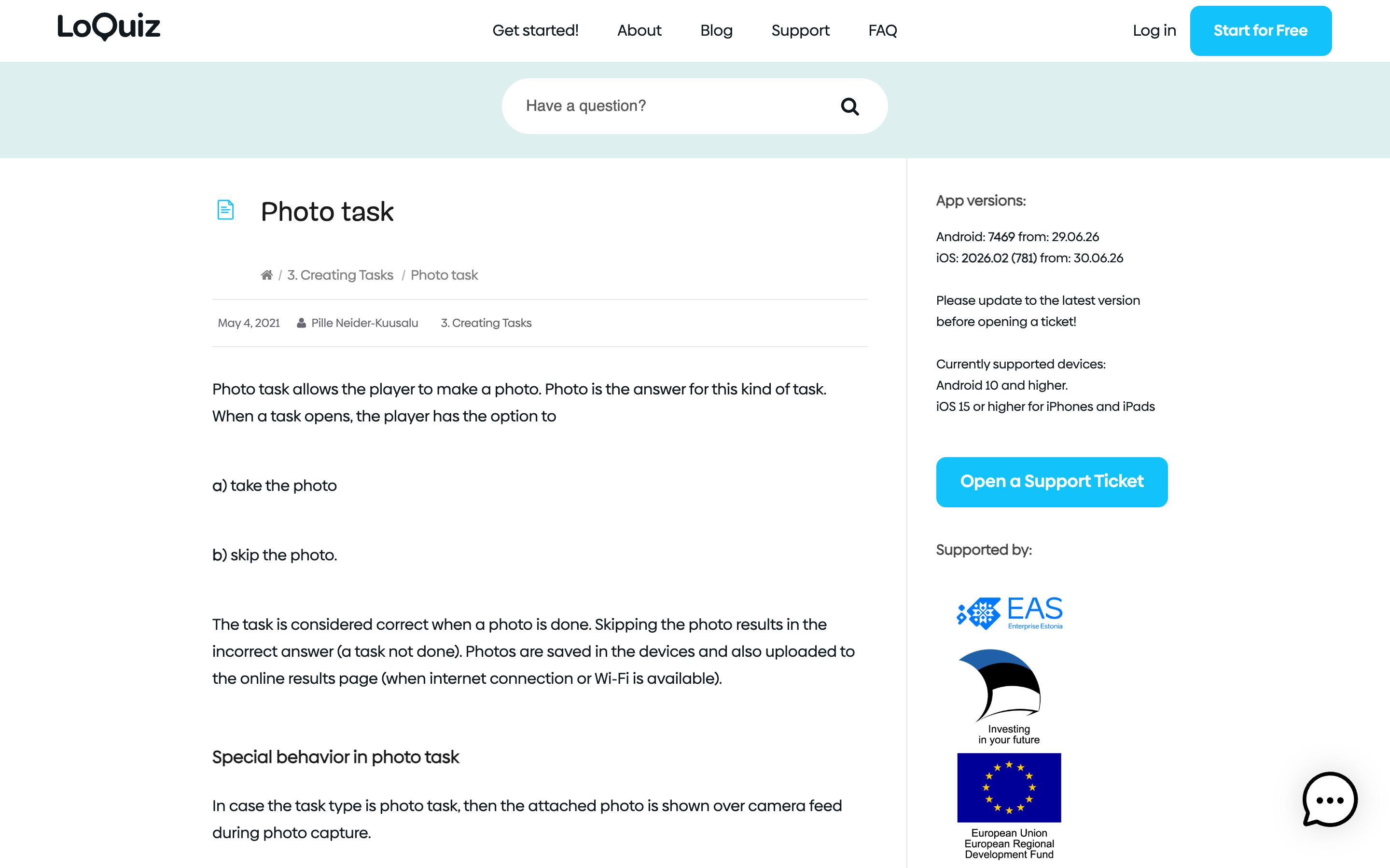 Loquiz photo task documentation stating the task is correct when a photo is done