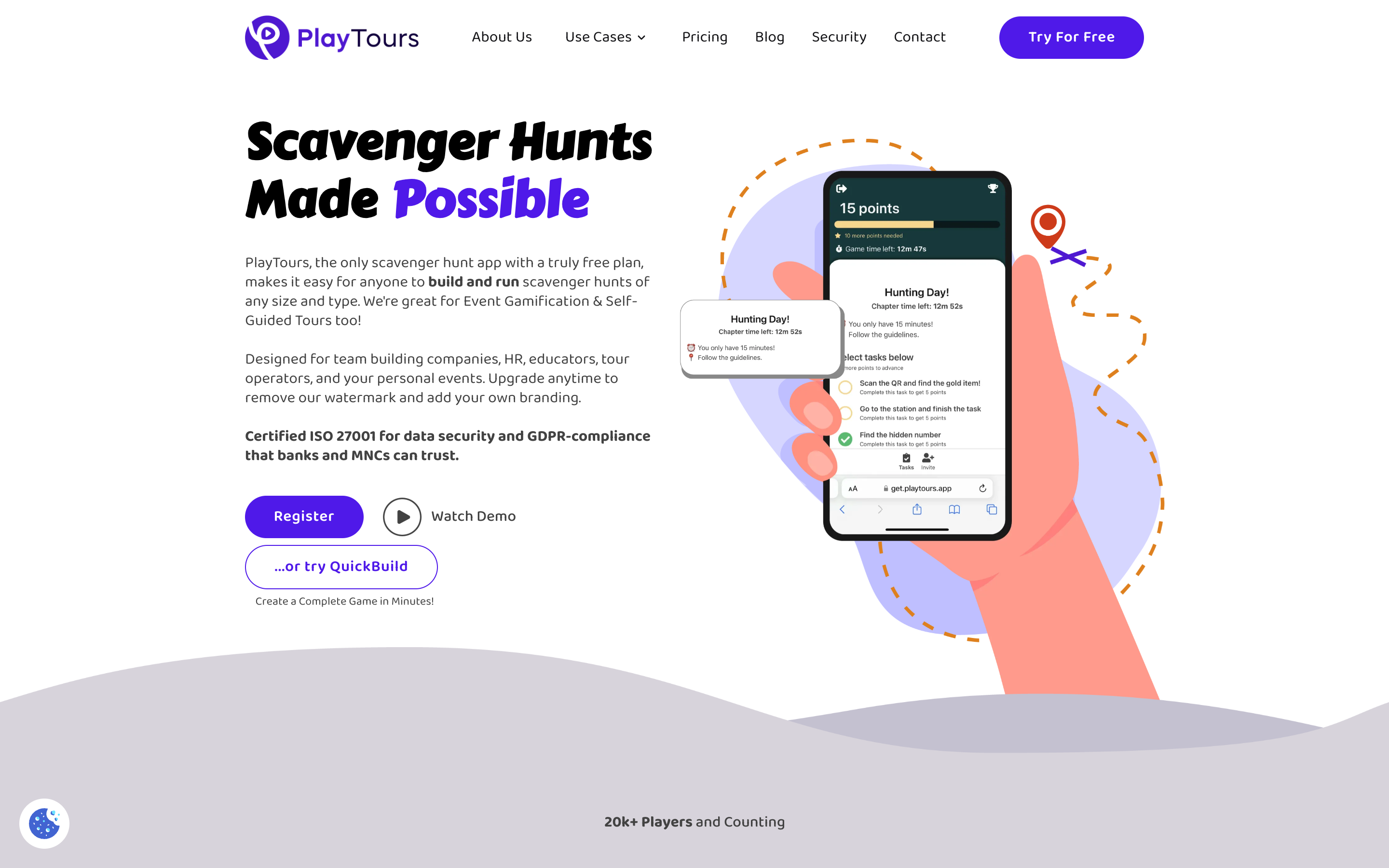 PlayTours homepage highlighting browser-based scavenger hunts