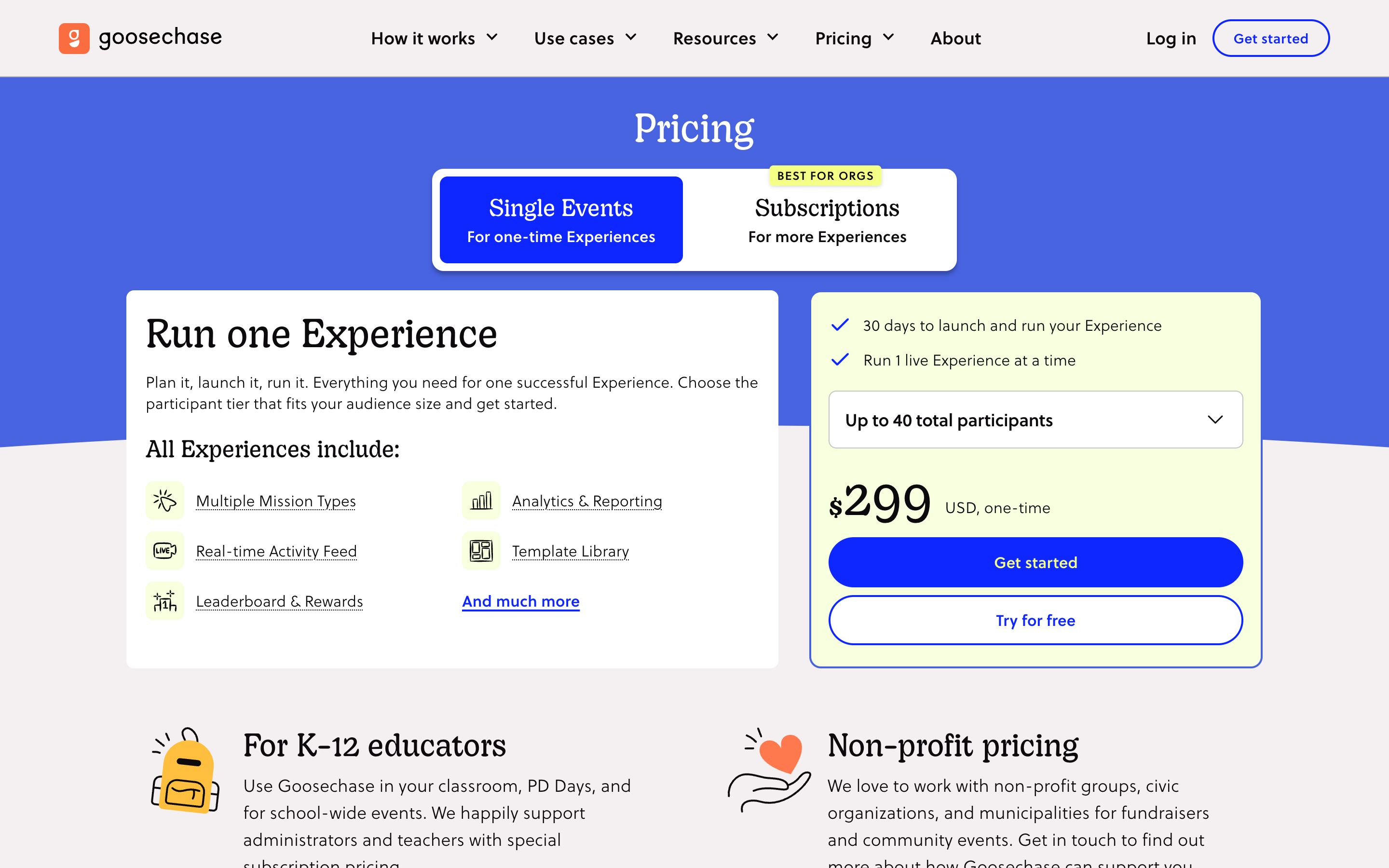 Goosechase pricing page with single events and subscriptions