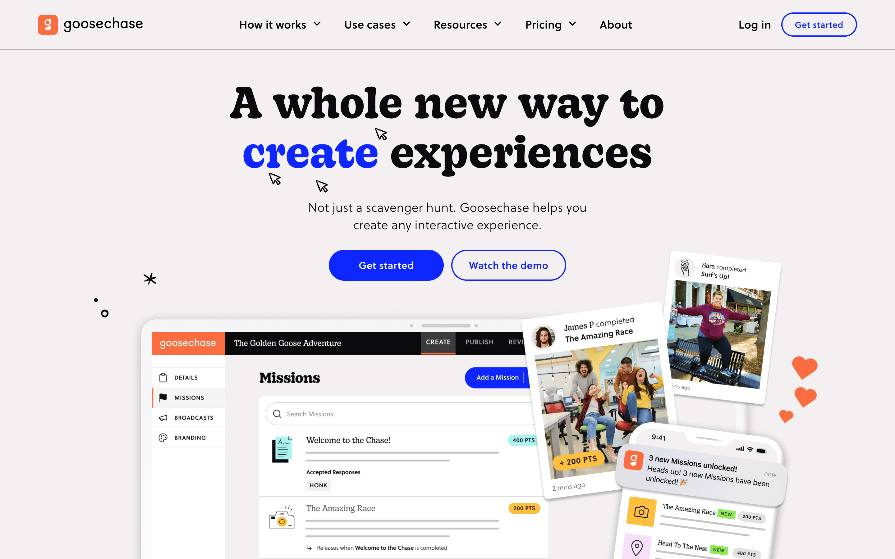 Goosechase homepage showing interactive experiences platform