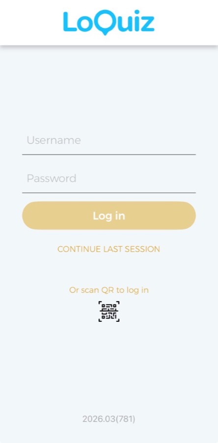 Loquiz Player login with username, password, and scan-QR option