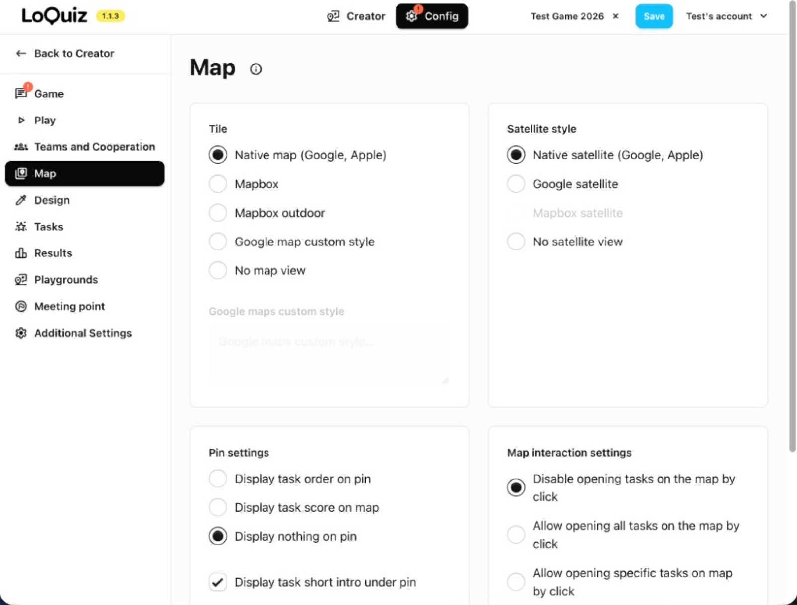Loquiz Map config with native tiles, pin labels, and click-to-open