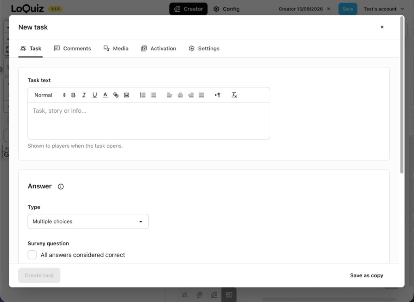 New Loquiz task with rich text and a multiple-choice answer type