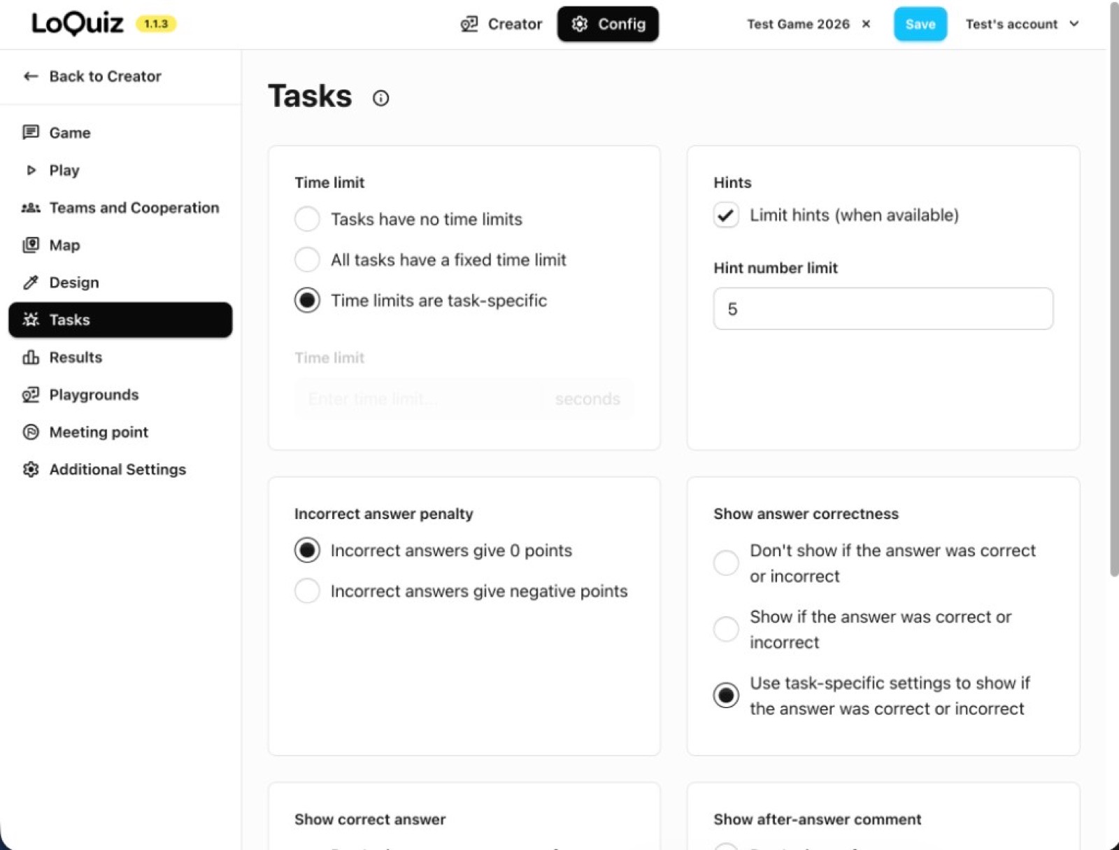 Loquiz Tasks config for time limits, hints, and penalties