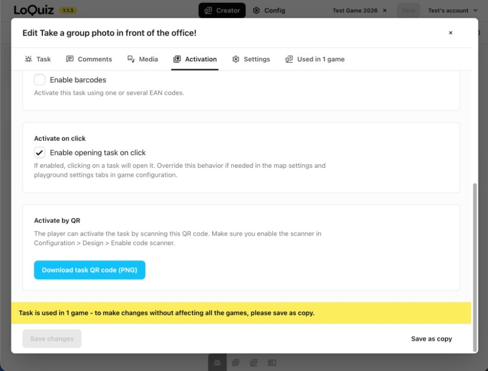 Loquiz Activation tab with open-on-click and a downloadable task QR