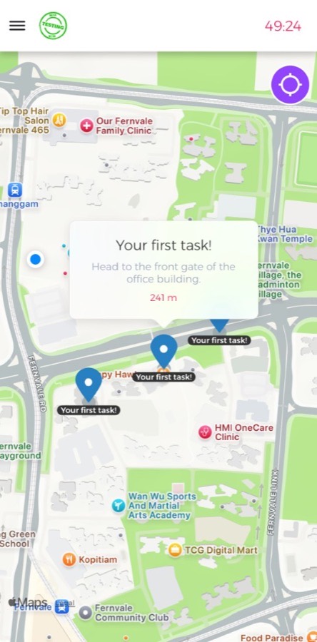 Loquiz Player map with task pins and a short intro on the selected pin