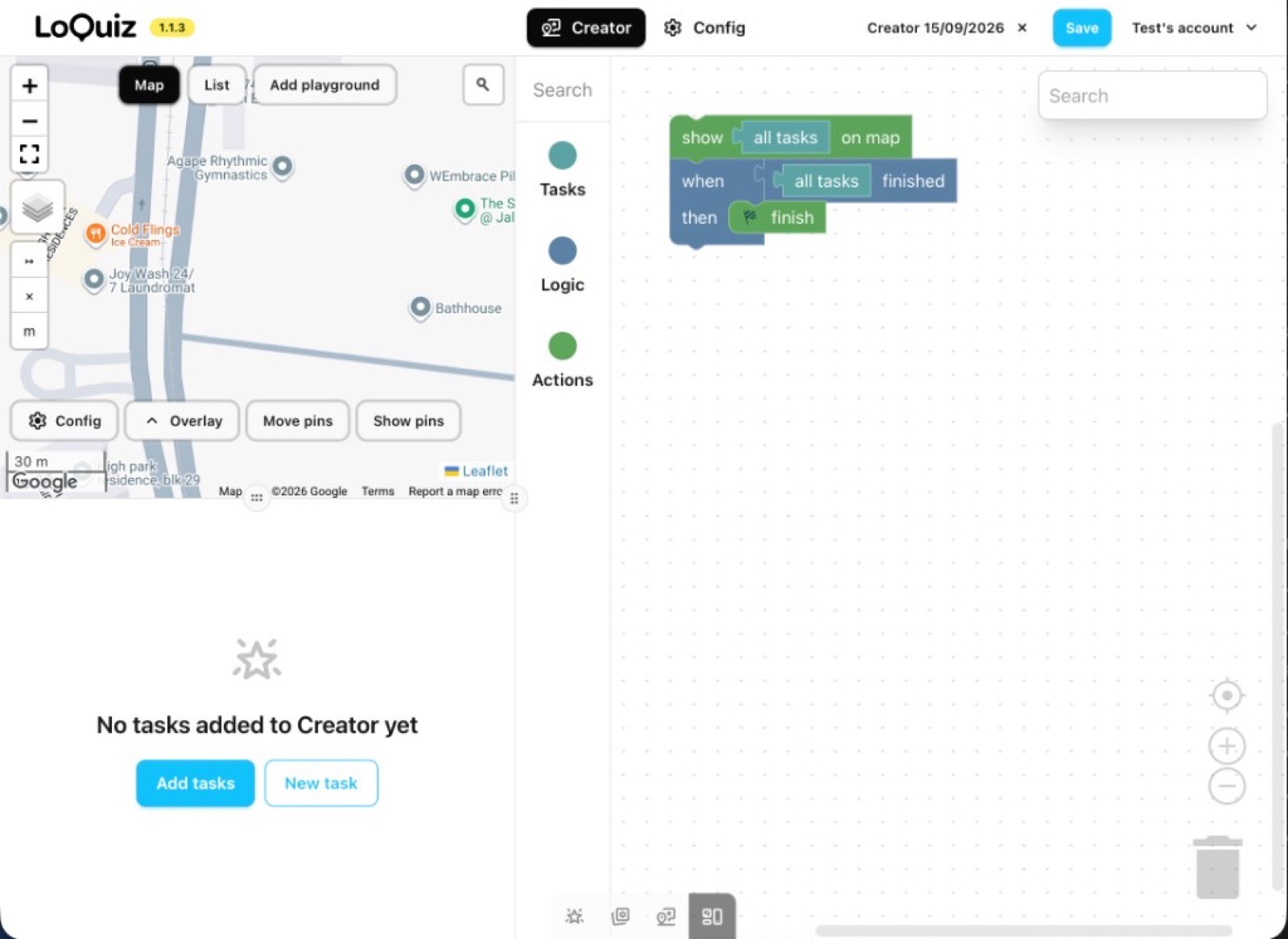 Loquiz Creator with the map, an empty task list, and the default visual rules