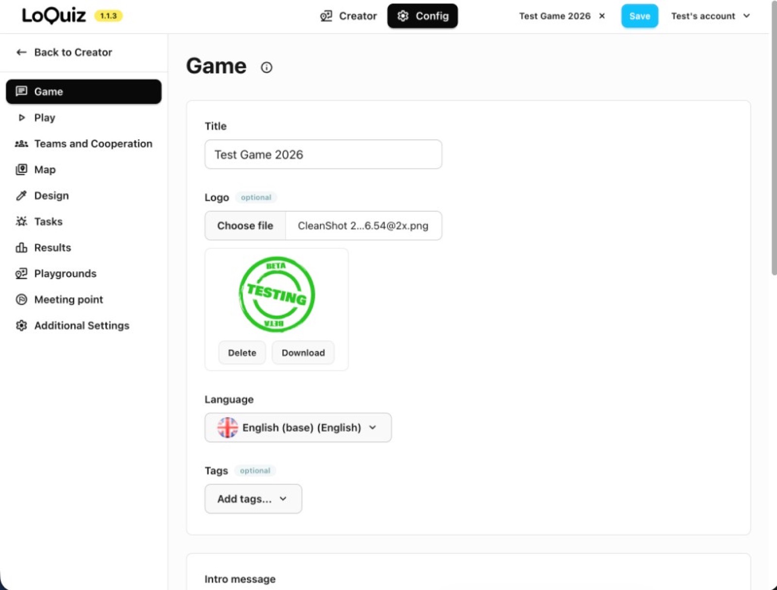 Loquiz Game settings with title, logo, language, and tags