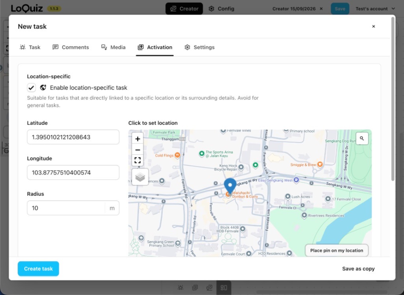 Loquiz location-specific activation with a 10m radius