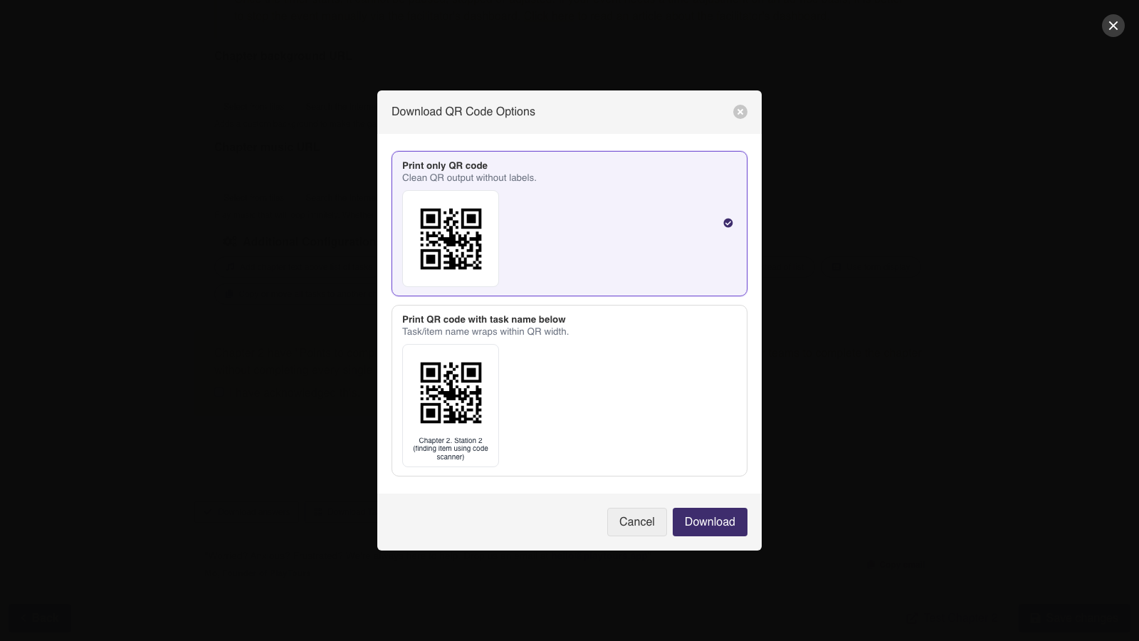 Download QR Code Options, plain QR or QR with the task name