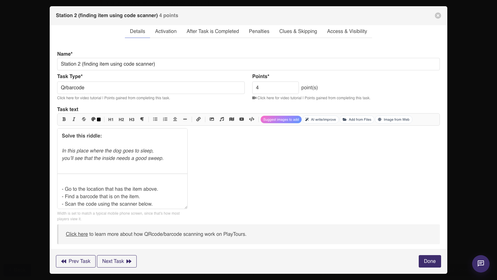 Qrbarcode task type in the PlayTours builder