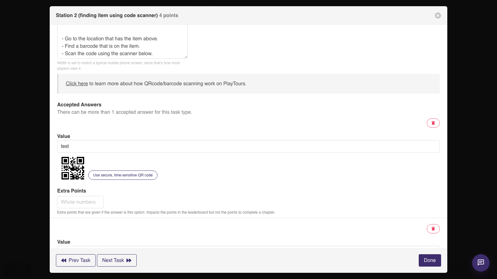 Qrbarcode task in the PlayTours builder, with the answer value and its QR